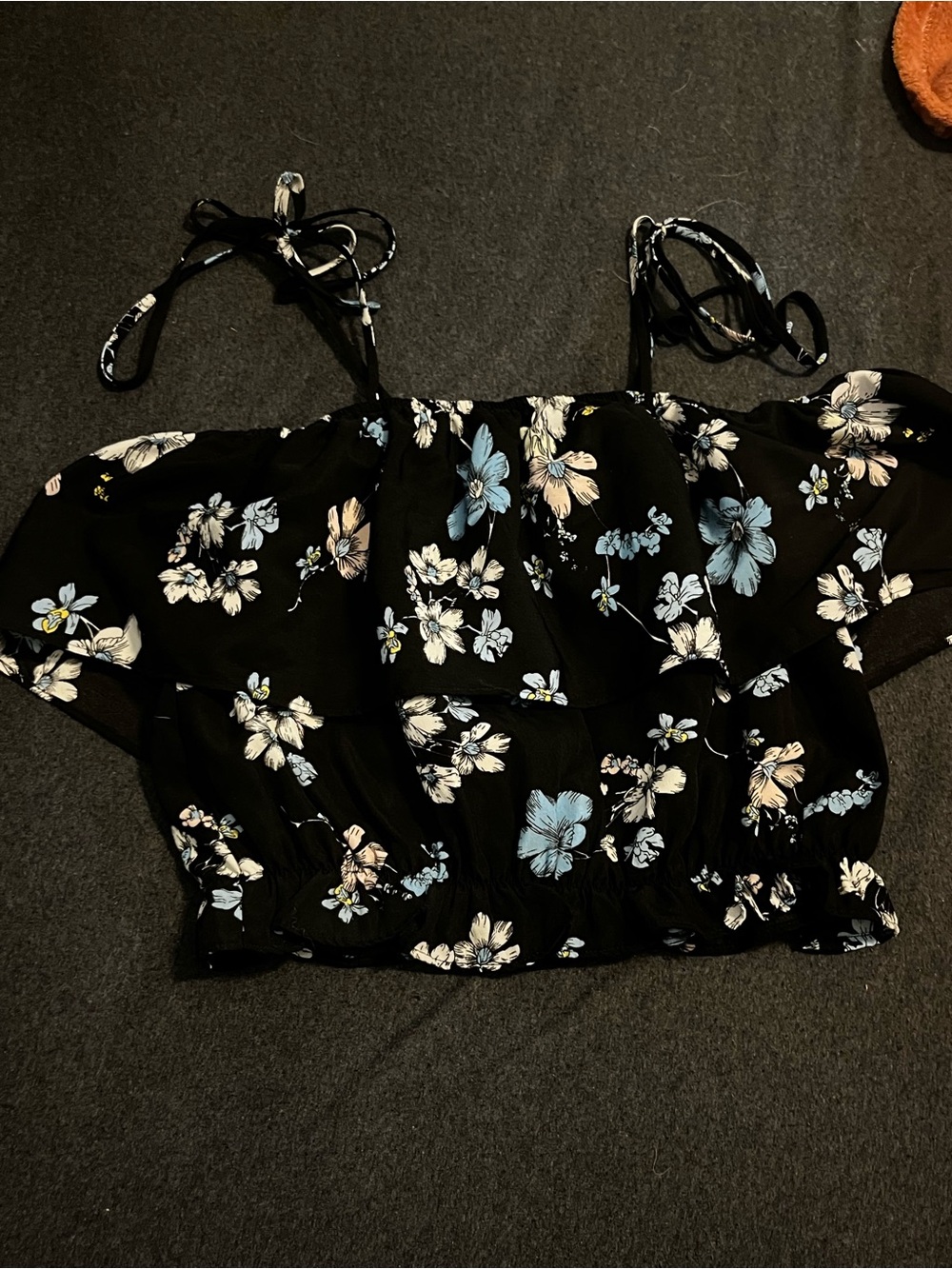 Black Floral Off-Shoulder Crop Top with Blue & Cream Flowers